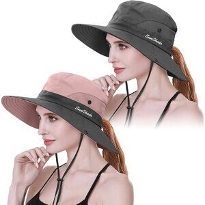Women's Pink & Black Set Of 2 Wide Brim Mesh Boonie With Chin Strap Cowboy Hat
